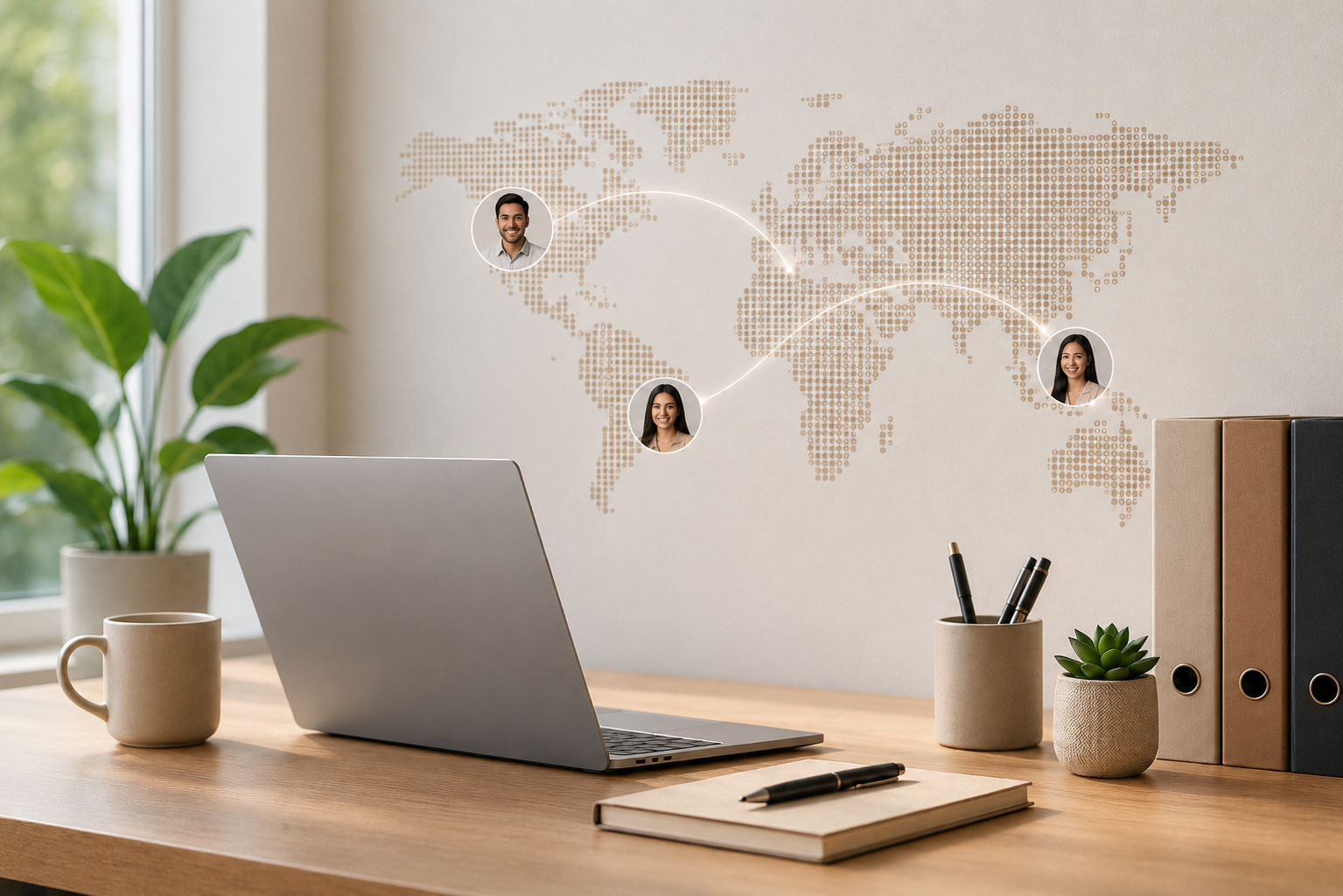 Laptop on a desk with a global network map connecting remote professionals across the world