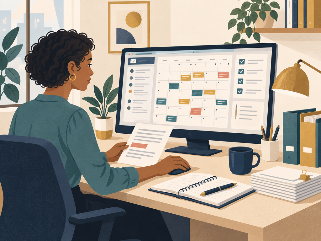 Remote administration professional managing a laptop, calendar, and inbox