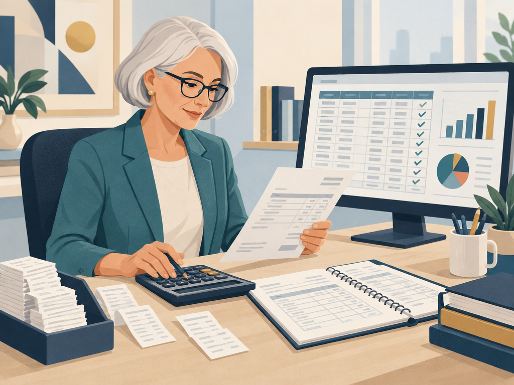 Remote bookkeeping professional reviewing invoices and financial records