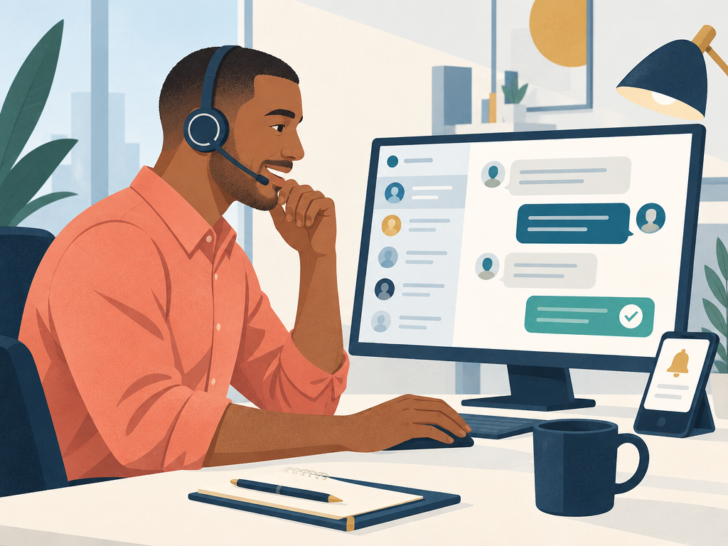 Remote customer service professional assisting a customer by headset