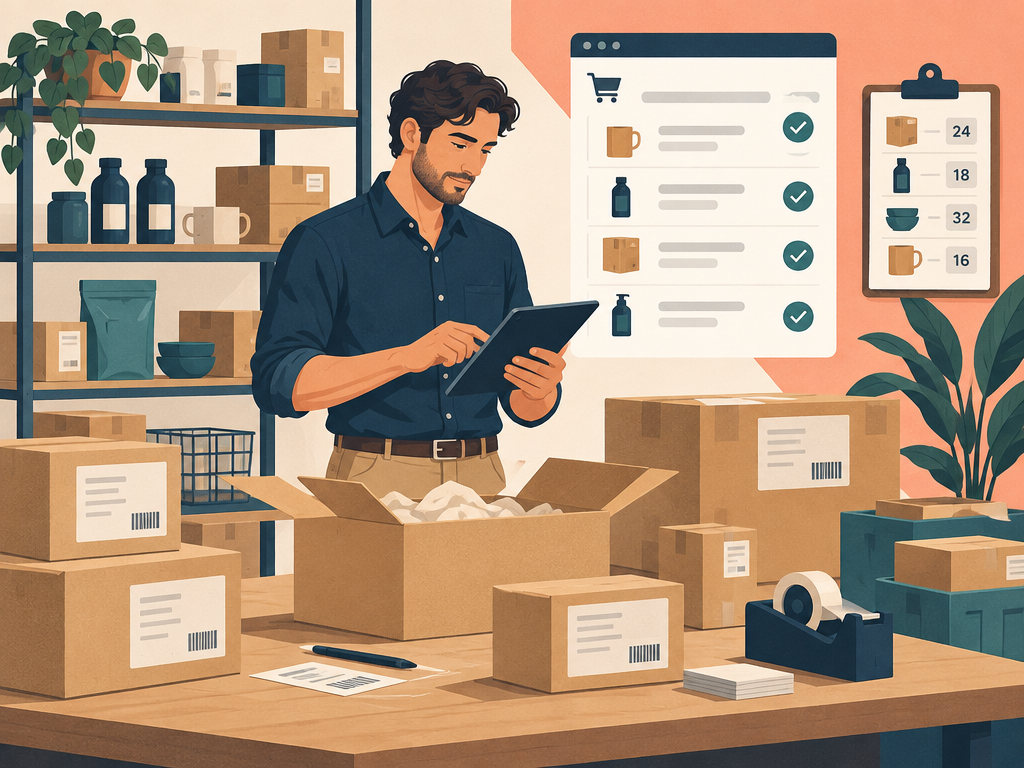 Remote ecommerce professional managing products, orders, and packages